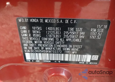 2019 Honda Hr-V Ex z USA, uszkodzony, nr VIN 3CZRU5H59KM702272